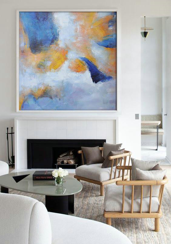Original Extra Large Wall Art,Oversized Square Abstract Art,Contemporary Art Wall Decor,White,Blue,Yellow.etc